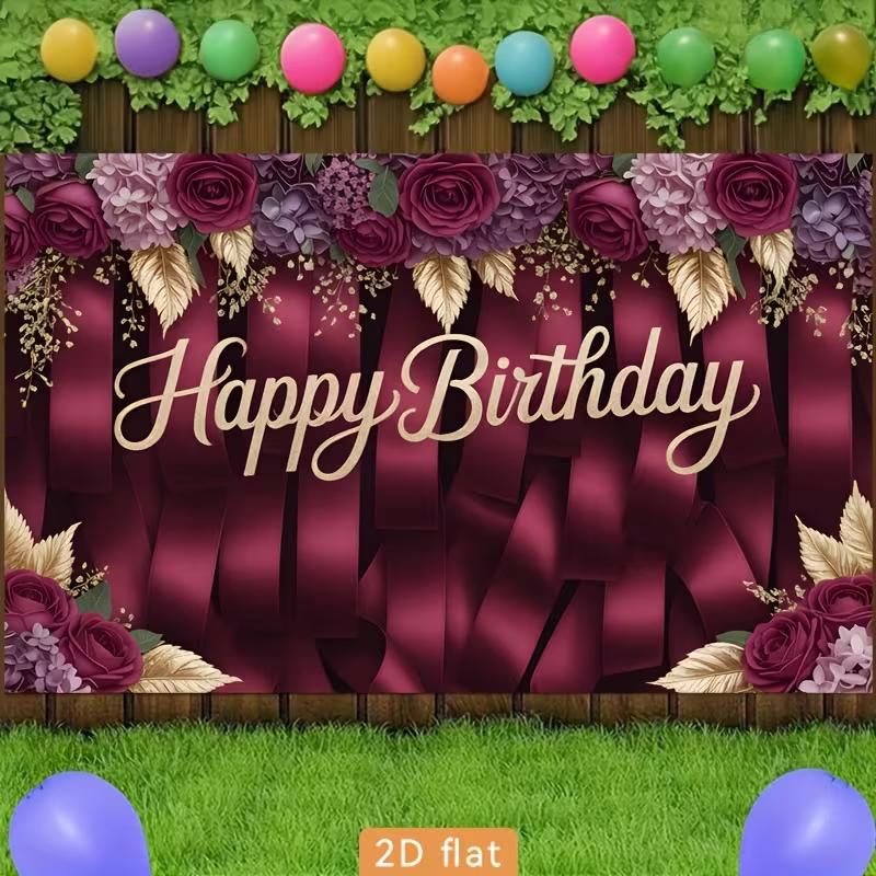 2D Birthday Photography Backdrop Burgundy Background with Purple Flowers and Satin Ribbons