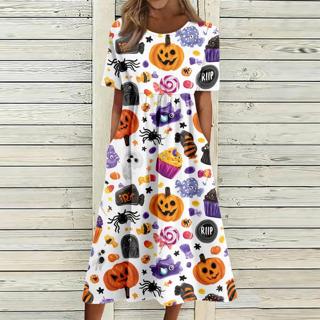 Women's Halloween Print Casual Fashion Round Neck Pocket Midi Dress Comfortable Loose Fit Short Sleeve Dress for Everyday Wear