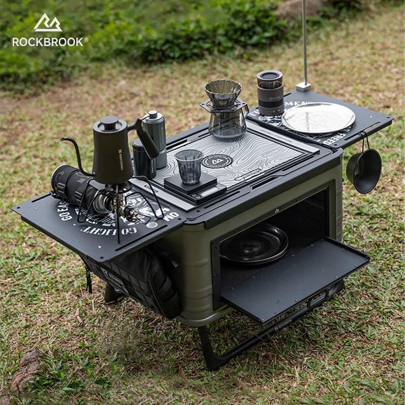 Caixa de Armazenamento e Mesa Multifuncional para Camping em Liga de Alumínio com Tecido de Veado