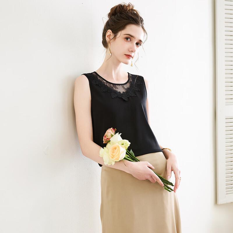 TUHUANG Elegant Mulberry Silk Blend Lace Round Neck Sleeveless Top
