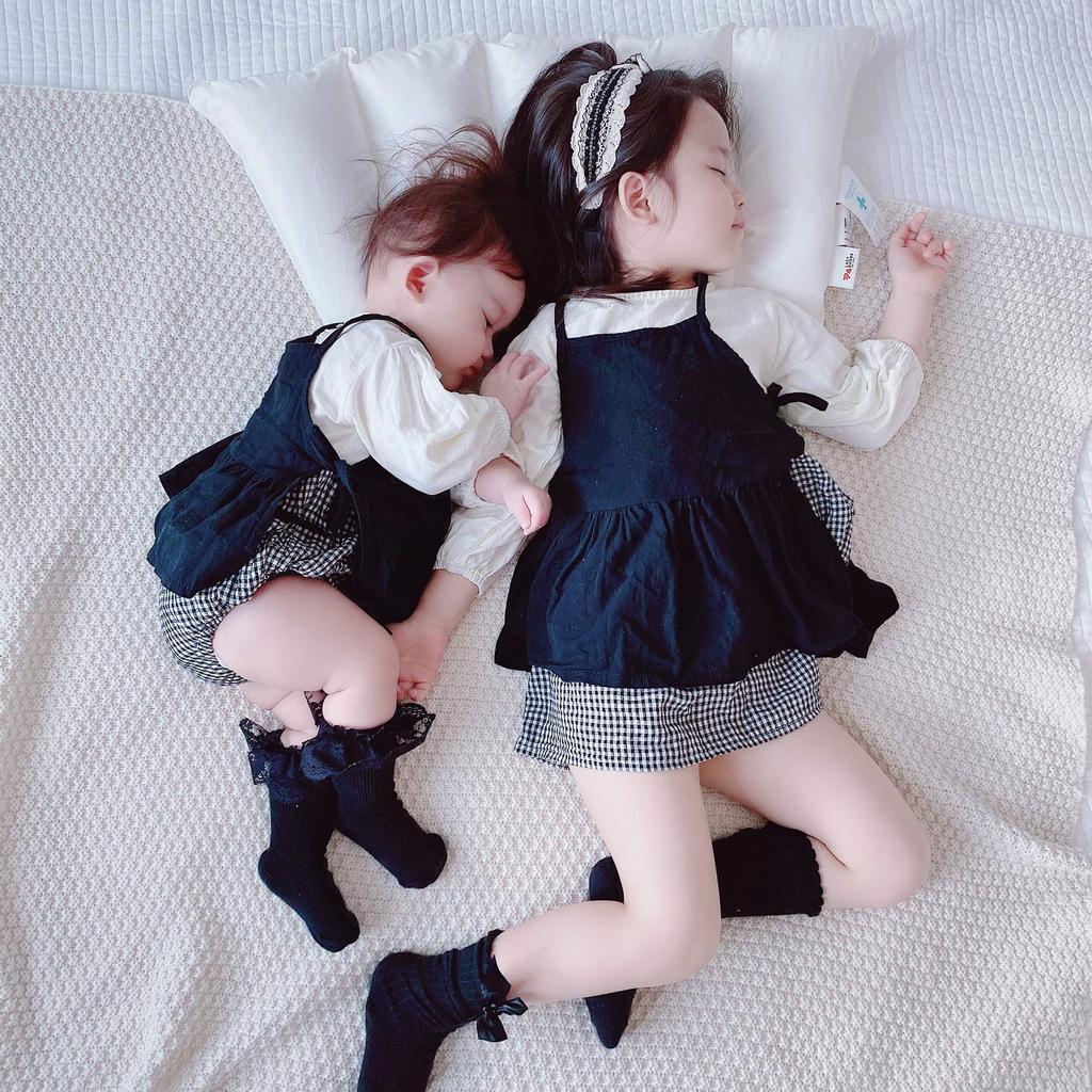 SLINX Babykleidung Langarm-Set für flauschiges Baby Kariertes Baby Schwester Alltagsherbst Größen-Set, Kleid, 2-teilig Mädchen, Kinder, Strampler, Druck,