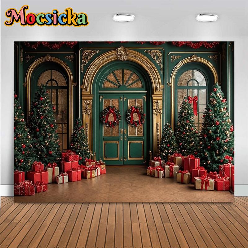 Mocsicka Christmas Photography Background Home New Year Snow Door Tree Decoration Winter Family Holiday Party Backdrop Wallpaper