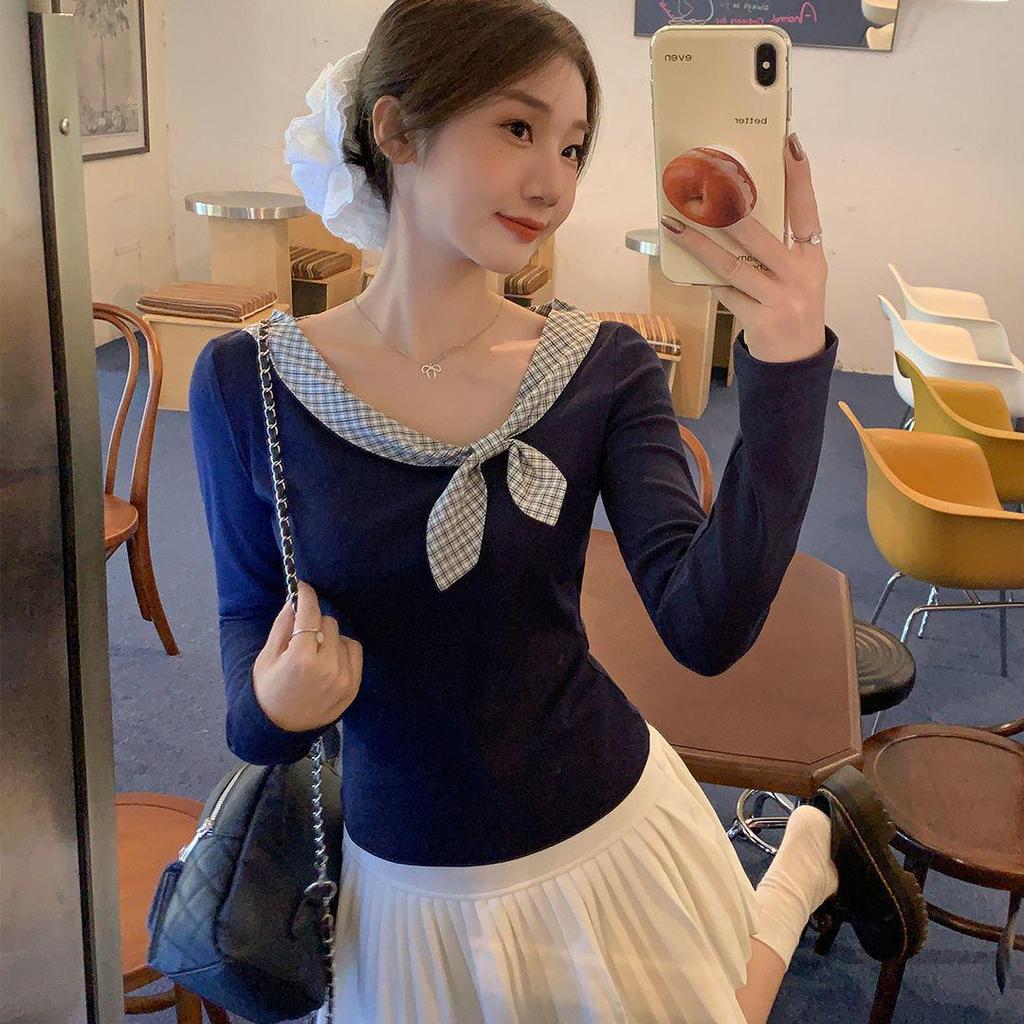 Navy Blue Rabbit Ear Tie Long Sleeve T-Shirt for Female Students - Versatile Early Autumn Uniform Top