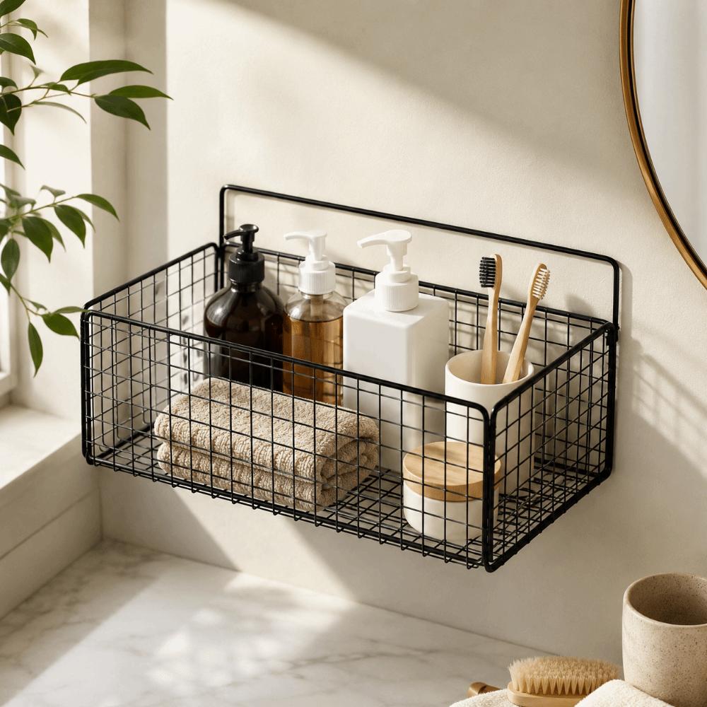 Self Adhesive Bathroom Shelf Multifunctional Storage Basket Wall Mounted Storage Rack Kitchen