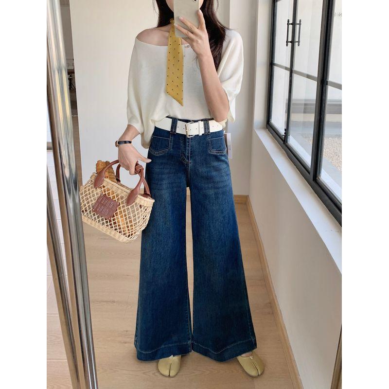 Kumikumi American vintage White High Waist Drape Jeans Women clothes Autumn All-Match Loose Slimming Wide Leg Pants