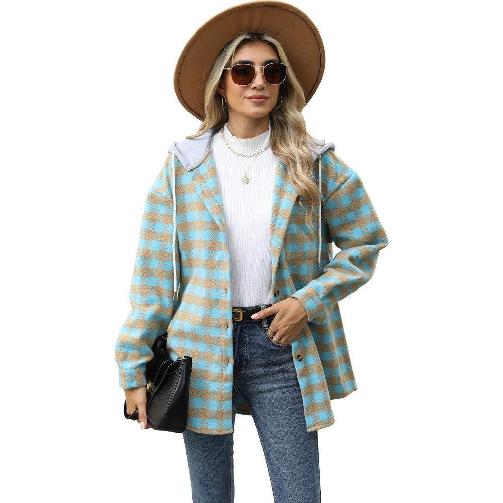 Women Autumn Winter Long Sleeve Hooded Plaid Warm Woolen Coat Cardigan