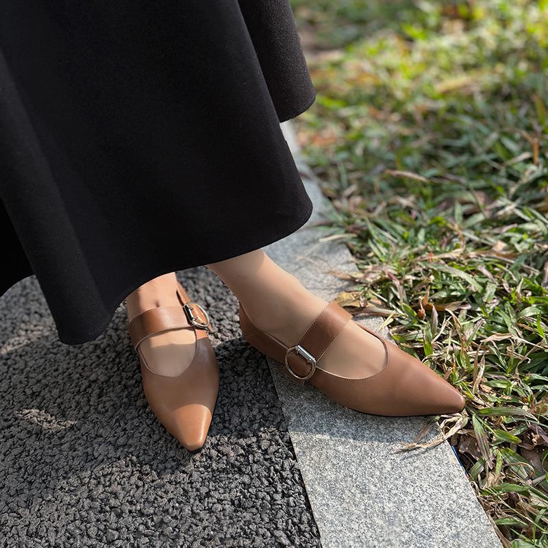 Johnature Retro Mary Jane Pointed Toe Women's Shoes Versatile Genuine Leather Soft Soled Flat Shoes