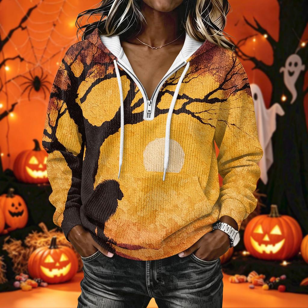 Women's Long Sleeve Hoodie Sweatshirt with Halloween Print for Casual Wear