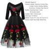 Rotes Rose Besticktes Midi-Ballkleid für Damen Hochzeitsgast Brautjungfer Cocktail-Abendparty Netz Tüll 3/4 Ärmel Formelles Anlass Outfit