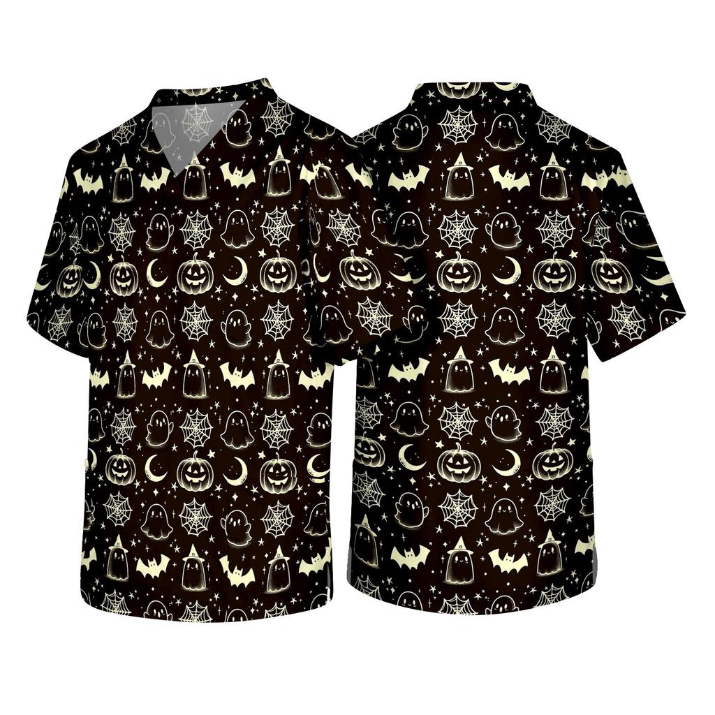 Men's V Neck Halloween Print Pocket Scrub Top Short Sleeve Medical Workwear Uniform Shirt for Healthcare Professionals