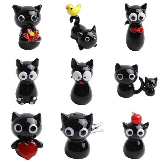 Glass Black Cat Miniature Tiny Colored Glass Cat Ornament Cute Mini Kitty Figurine for Desktop Bookshelf Fairy Garden Micro Landscape Decor