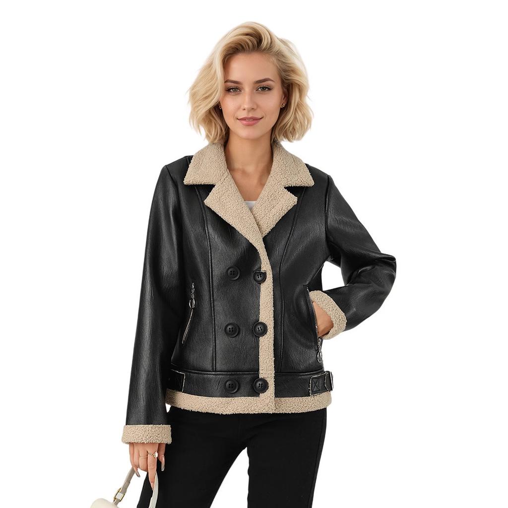 Women's Fleece Leather Jacket Thick Warm Flocked Leather Coat Turn-Down Collar PU Leather Jacket