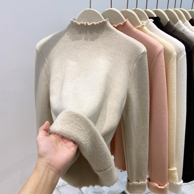 Simple semi-turtleneck knitted sweater women's autumn and winter integrated fleece thickened inner top fungus edge bottoming shirt