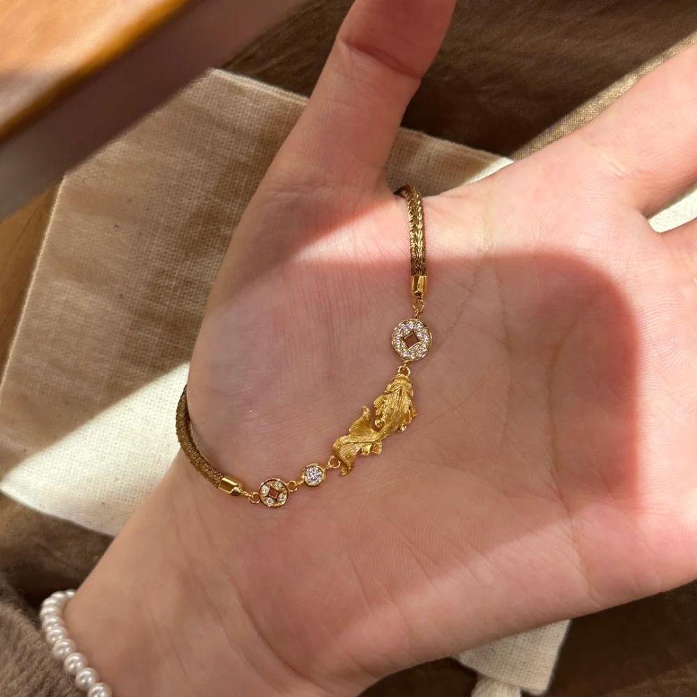 Elegant Vintage Chinese Style Brown Rope Bracelet with Koi Fish and Diamond Weaving Luxurious Handmade Jewelry