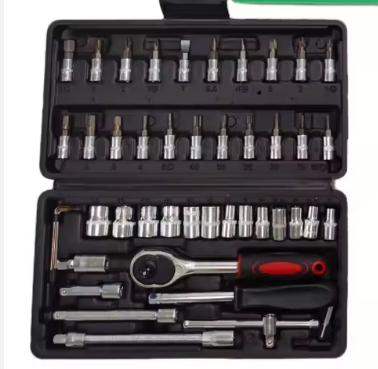 46PCS Master Mechanic Tool Kit with 3/8" Ratchet, SAE/Metric Sockets, Torx/Hex Bits, Extension Bars - Professional Grade