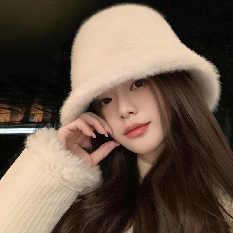Imitation Mink Mink Hair Bucket Hat Female Autumn and Winter Warm White Plush Bucket Hat Female Winter Washbasin Hat