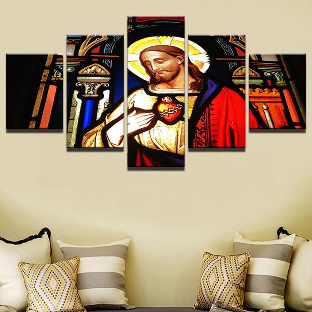 5 Pieces Canvas Wall Art Poster Painting Sacred Heart Of Jesus Wallpaper Home Decoration Living Room Picture Print Bedroom Mura