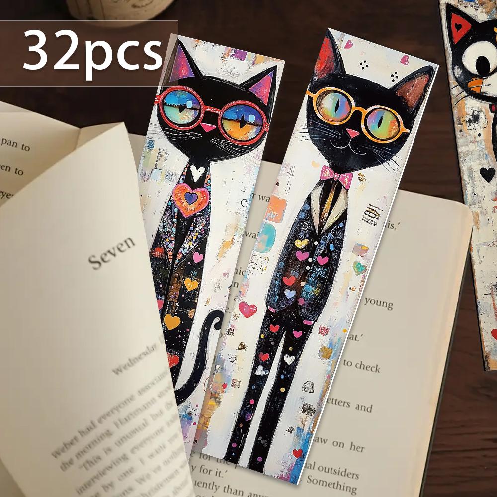 32pcs, cute doodle cat bookmarks, suitable for back-to-school season, Christmas, Halloween, teachers, readers, and birthdays.