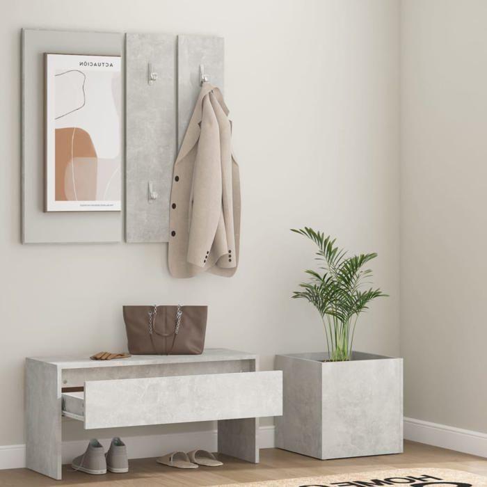 VidaXL Hallway Furniture Set Coat Rack Set Entrance Bench Mirror Planter Living Room Interior Concrete Grey Wood 3082057