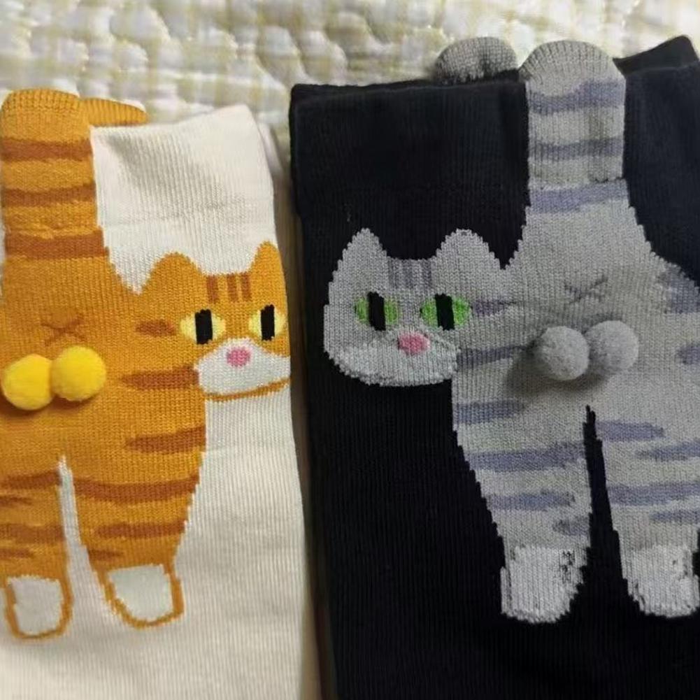 1-6Pair Cartoon Cute Cat Balls Cotton Socks Kawaii Lolita Knitting Socks Women Girls Middle Tube Sleep Sock Cat Print Floor Sock