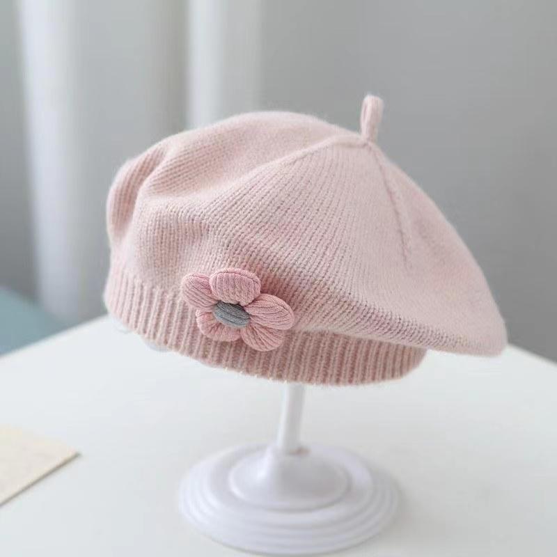 Λουλούδι Baby Beret Καπέλο Χειμερινό Ζεστό πλεκτό καπέλο Beanie για βρέφη κοριτσάκια Κορεάτικη Πριγκίπισσα νηπίων Καλλιτέχνης Μονόχρωμα καπέλα ζωγραφικής