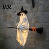 Playful Ghost Face Decoration Halloween Hanging Outdoor Decoration, Spooky LED Light Up Witch with Orange Bow Accents on Broom for Home, Tree, Porch,