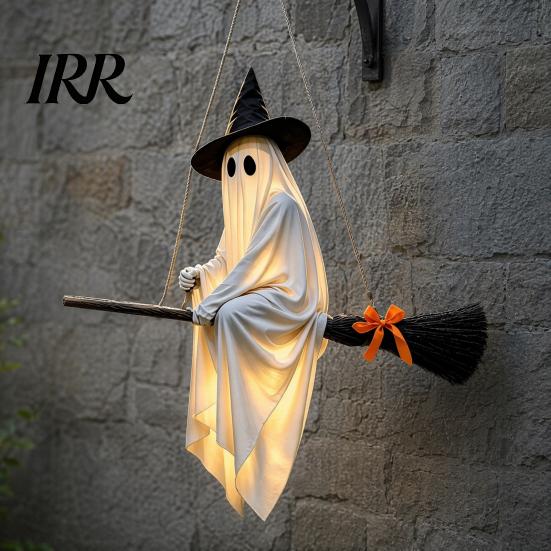 Playful Ghost Face Decoration Halloween Hanging Outdoor Decoration, Spooky LED Light Up Witch with Orange Bow Accents on Broom for Home, Tree, Porch,