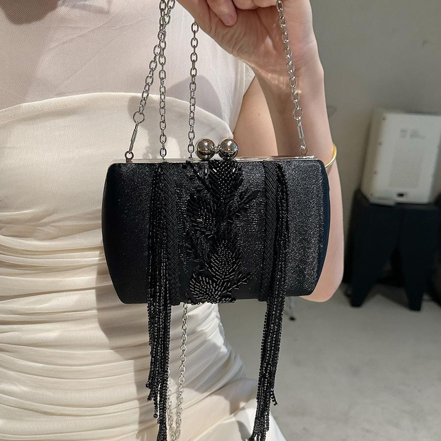 Vintage Handmade Beaded Evening Bags Crystal Black Lace Flower Fringed Tote Bag Chains Shoulder Crossbody Bag Small Square Bags