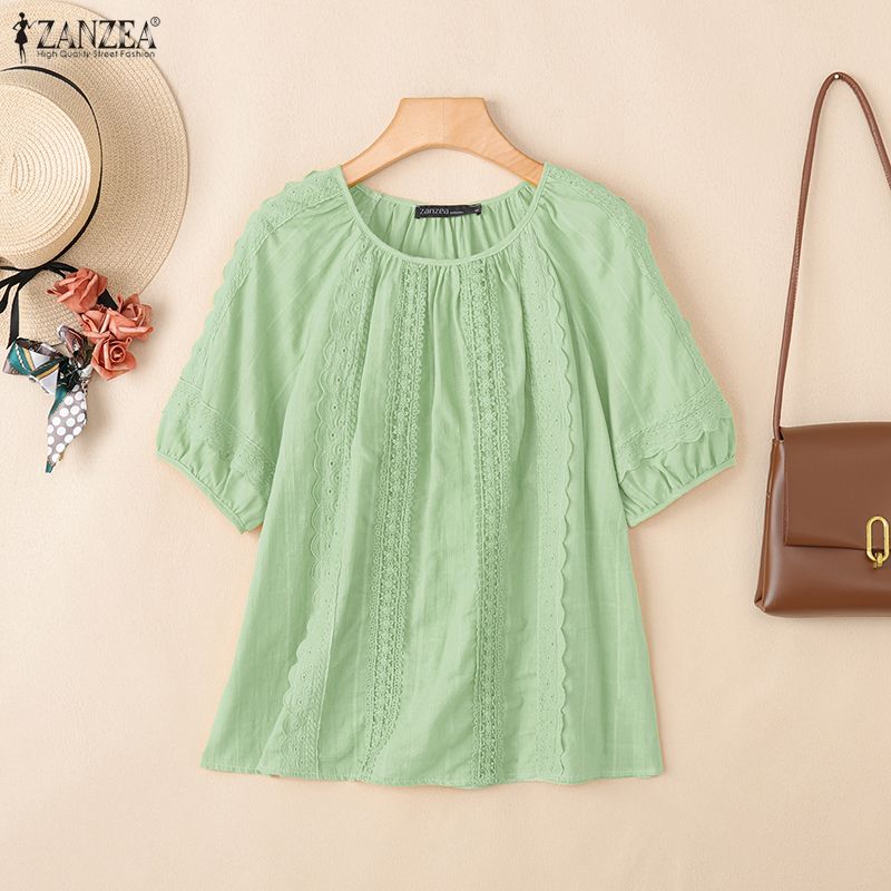 

ZANZEA Летняя женская блузка с круглым вырезом, коротким рукавом, кружевной вязкой крючком, повседневная 5XL светло-зеленый