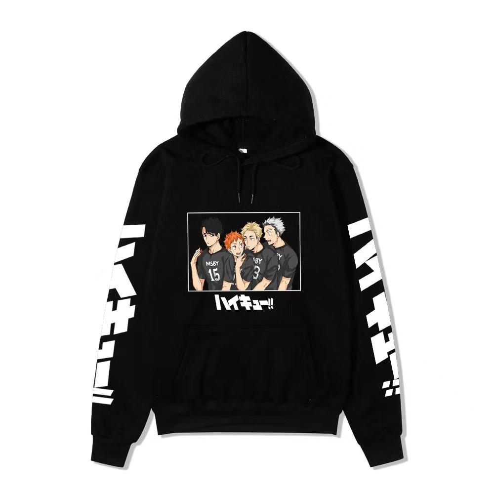 Haikyuu MSBY Black Jackal Anime Character Unisex Fleece Hoodie Vertical Japanese Letter Sleeve Volleyball Long Sleeve Pullover Sweatshirt