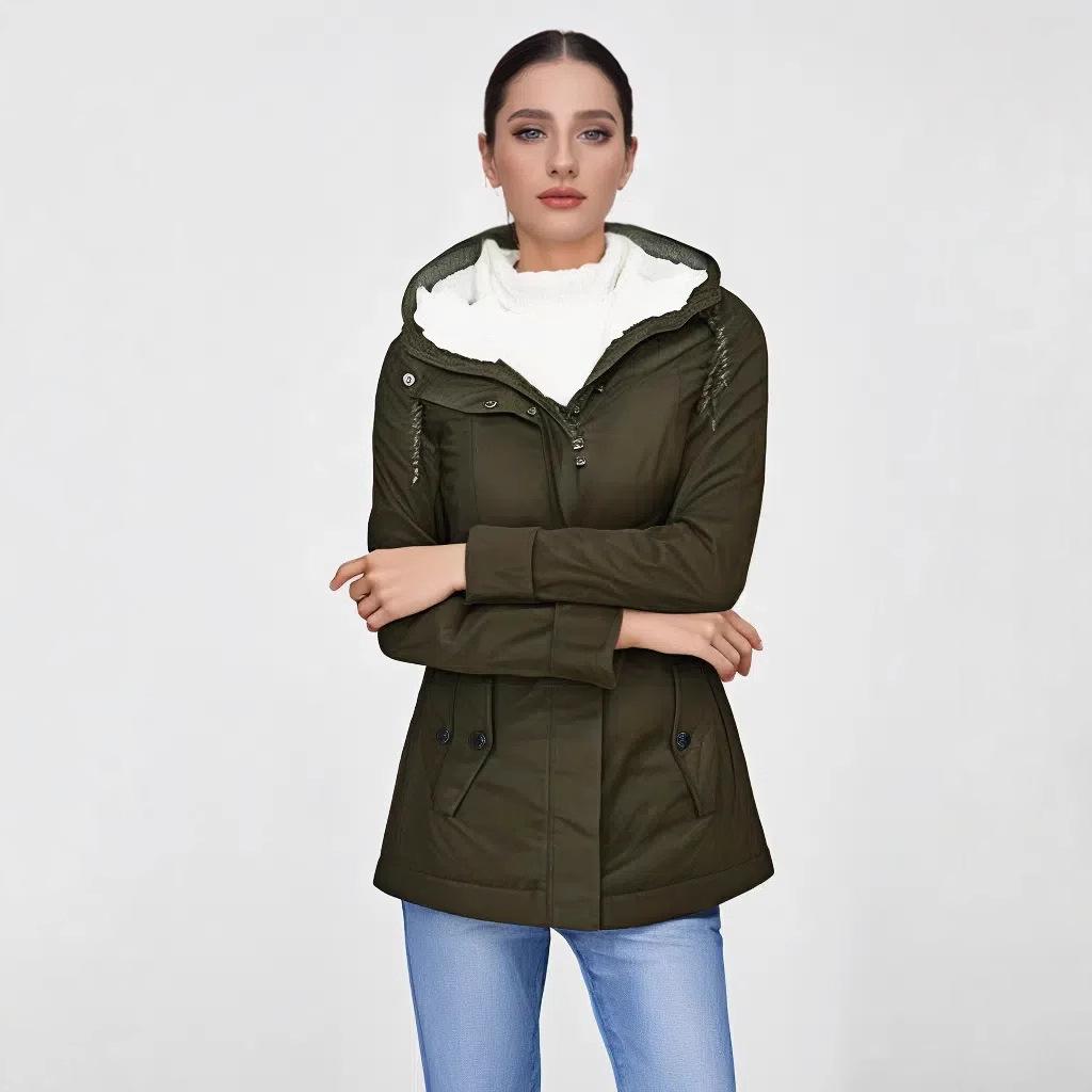Women's Hooded Sherpa Lined Midi Coat Solid Color Zip Up Warm Winter Casual Outerwear Jacket