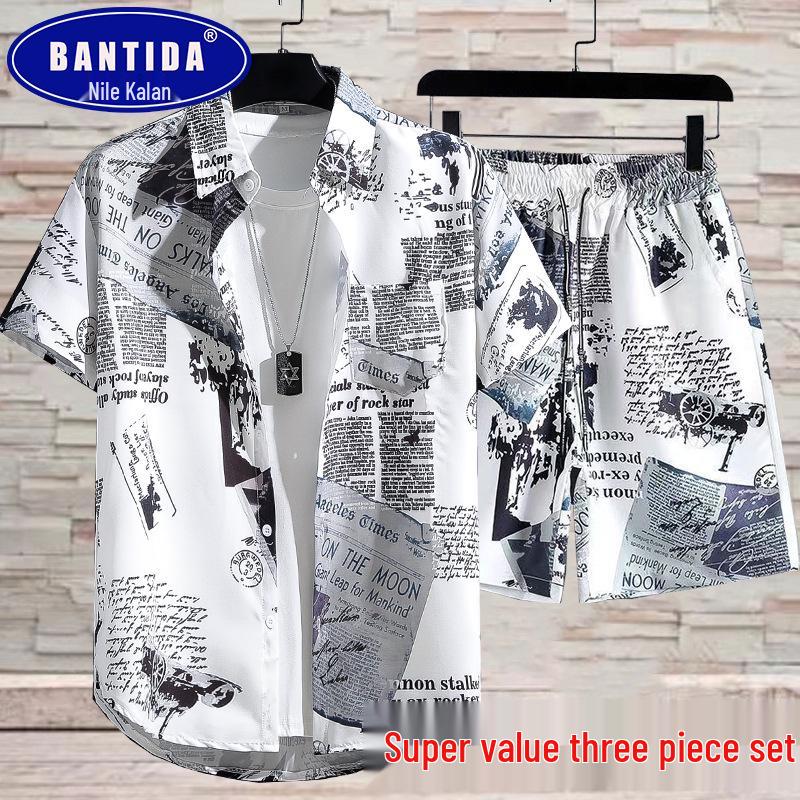 

Мужской повседневный спортивный костюм-тройка: Свободные пляжные шорты с универсальной рубашкой в цветочек, идеально подходящие для парного или группового сочетания. XL (Recommended 120-140 lbs)