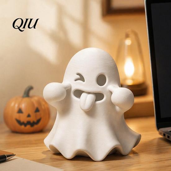 Spooky Home Decor Halloween Ghost Figurine, 3D Printed Cute Face Statue, Desk Accessories Tabletop Ornament for Shelf, Desk, Party Indoor Accents