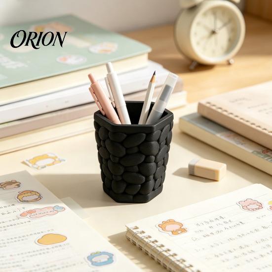Creative Office Supplies Decor Pebble Texture Pen Holder, Hexagonal Desktop Organizer, Stable Anti-Tip 3D Large Capacity Organizer Printed PLA Storage