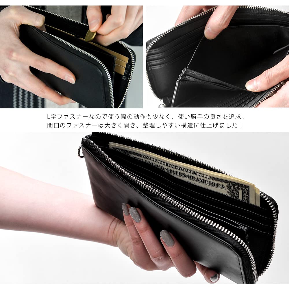[Rename] Genuine Leather L-Zip Long Wallet, Easy to Use, Large Capacity, Cute, Thin, Dark Gray