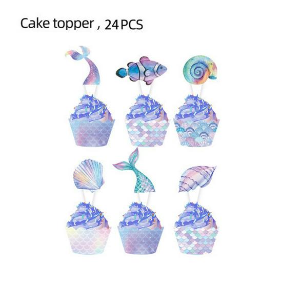 Mermaid Theme Party Supplies: Colorful Fish Scale Napkins, Plates, Cups, Flags, and Swirl Decorations