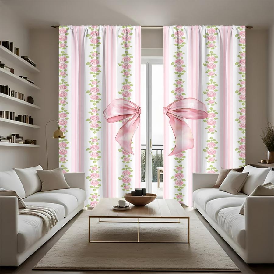 2PCS Digital Printed Curtains with Rose Bow Design, Stylish Window Drapes for Living Room Bedroom Home Decoration and Kitchen