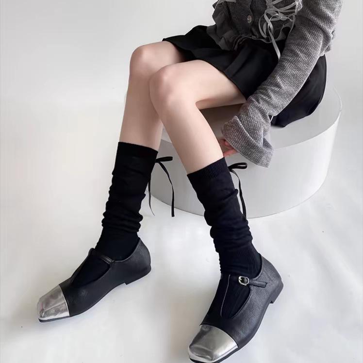 White Ballet-Style Mid-Calf Socks with Stripes and Bows for Women - Spring/Autumn Collection