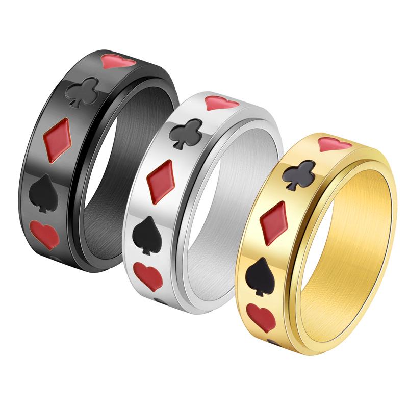 Men's Creative Poker Card Rotatable Titanium Steel Ring - Black Red Club Diamond Design