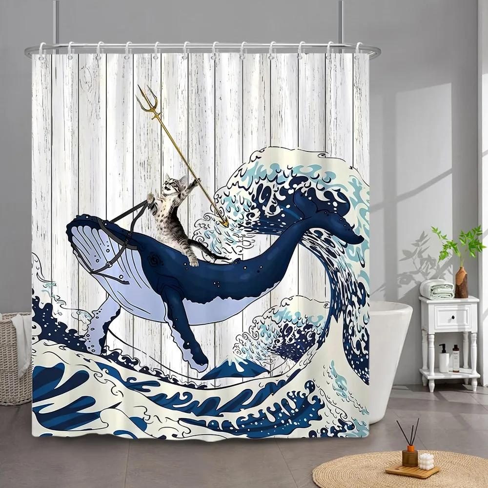 Funny Cat Shower Curtain Cute Cool Kitty Riding Whale Cartoon Animal Ocean Wave Children Bathroom Curtain Waterproof With Hook