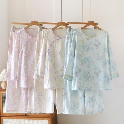 Women's Pure Cotton Pajama Set - Sweet Chinese Style, Long Sleeve & Pants, with Side Pockets, Loose Fit for Spring, Summer, and Autumn.