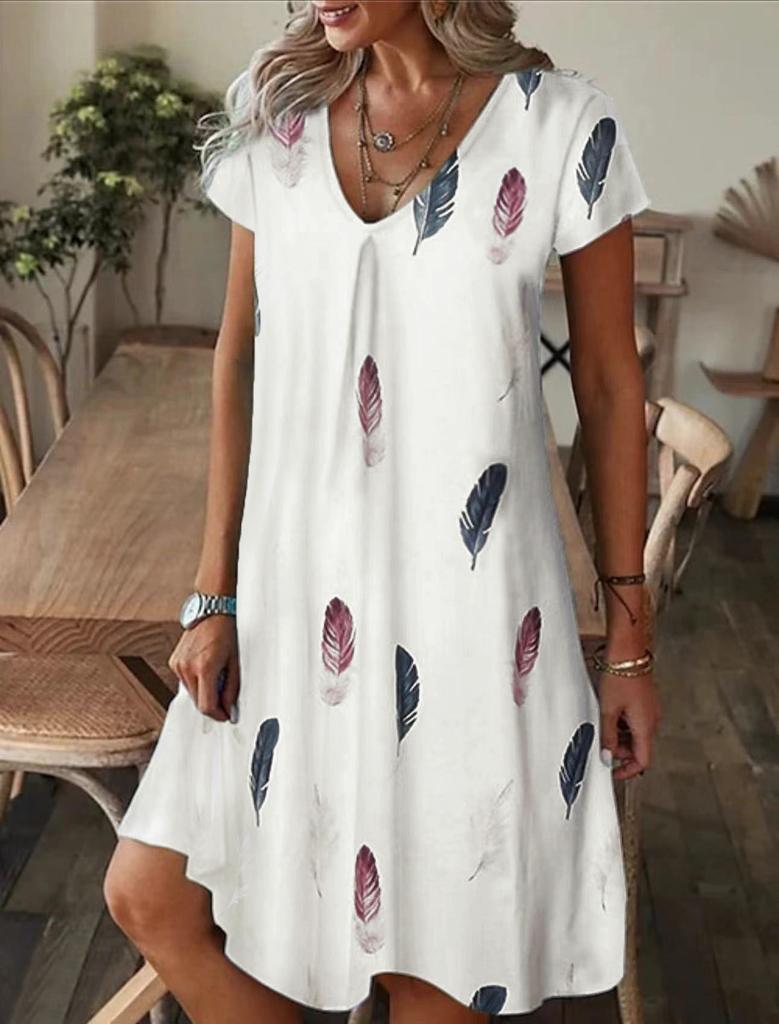 Summer Large Size Women's V-Neck Loose Pullover Casual Fashion Printed Short Sleeve Dress