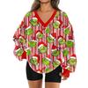 Women's Fashionable V-neck Christmas Printed Long Sleeved Casual Pullover Plush Warm Pocket Sweatshirt Top