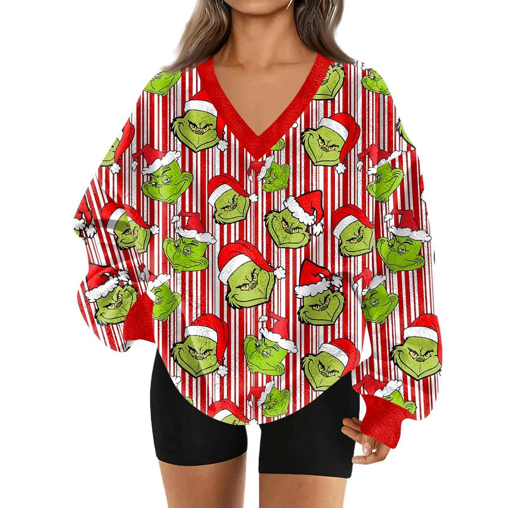 Women's Fashionable V-neck Christmas Printed Long Sleeved Casual Pullover Plush Warm Pocket Sweatshirt Top