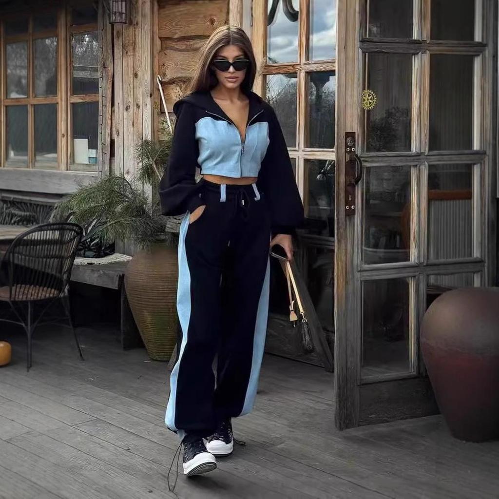 Women's European and American Style Patchwork Hooded Sweatshirt and Pants Set