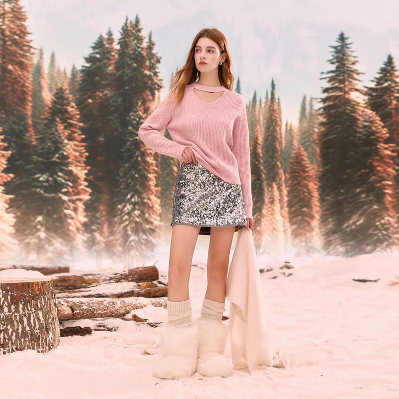 Sancai 2025 Winter Sequin V-Neck Knit Pullover for Women