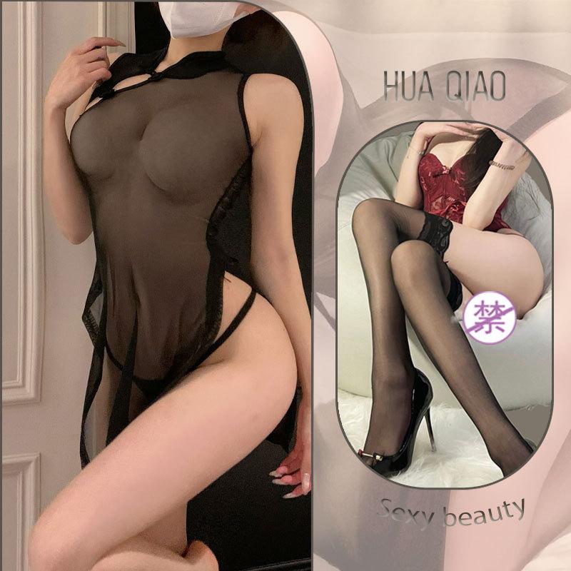 Sex underwear retro sexy cheongsam hollow chest mesh see-through nightdress women flirting sex underwear transparent