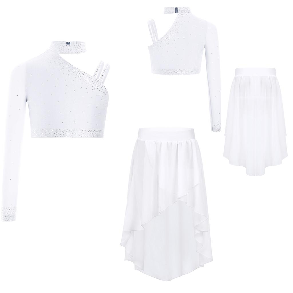 Girls Dance Costume Set Sparkly Rhinestones Crop Top with High-Low Chiffon Skirt