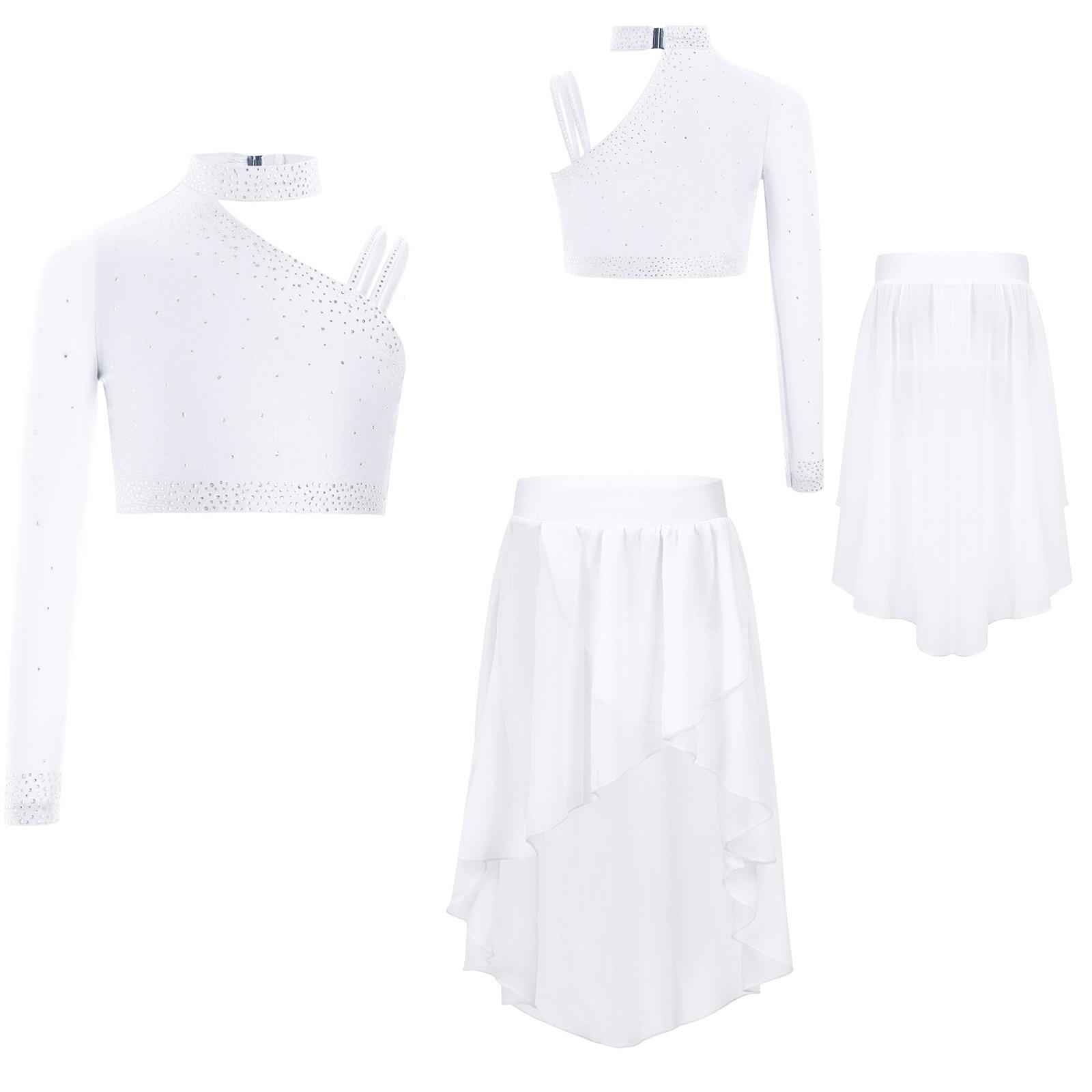 

Girls Dancewear Set Sparkly Rhinestones Crop Top with High-Low Elastic Waist Skirt 9-10 Years білий