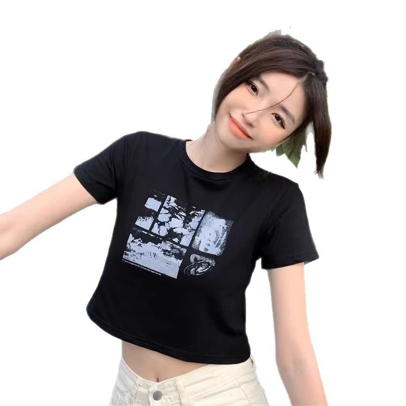 Funny girl navel print short-sleeved T-shirt summer new student black top